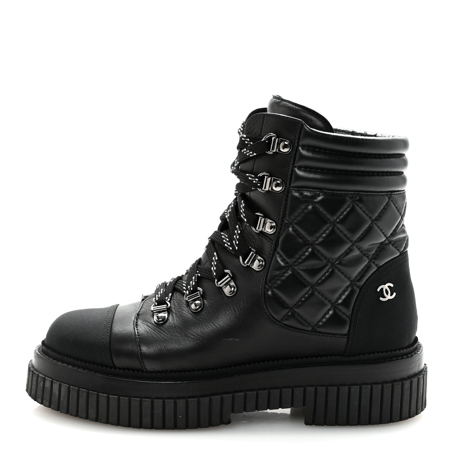 Calfskin Grosgrain Quilted Lace Up Boots 38.5 Black Grey