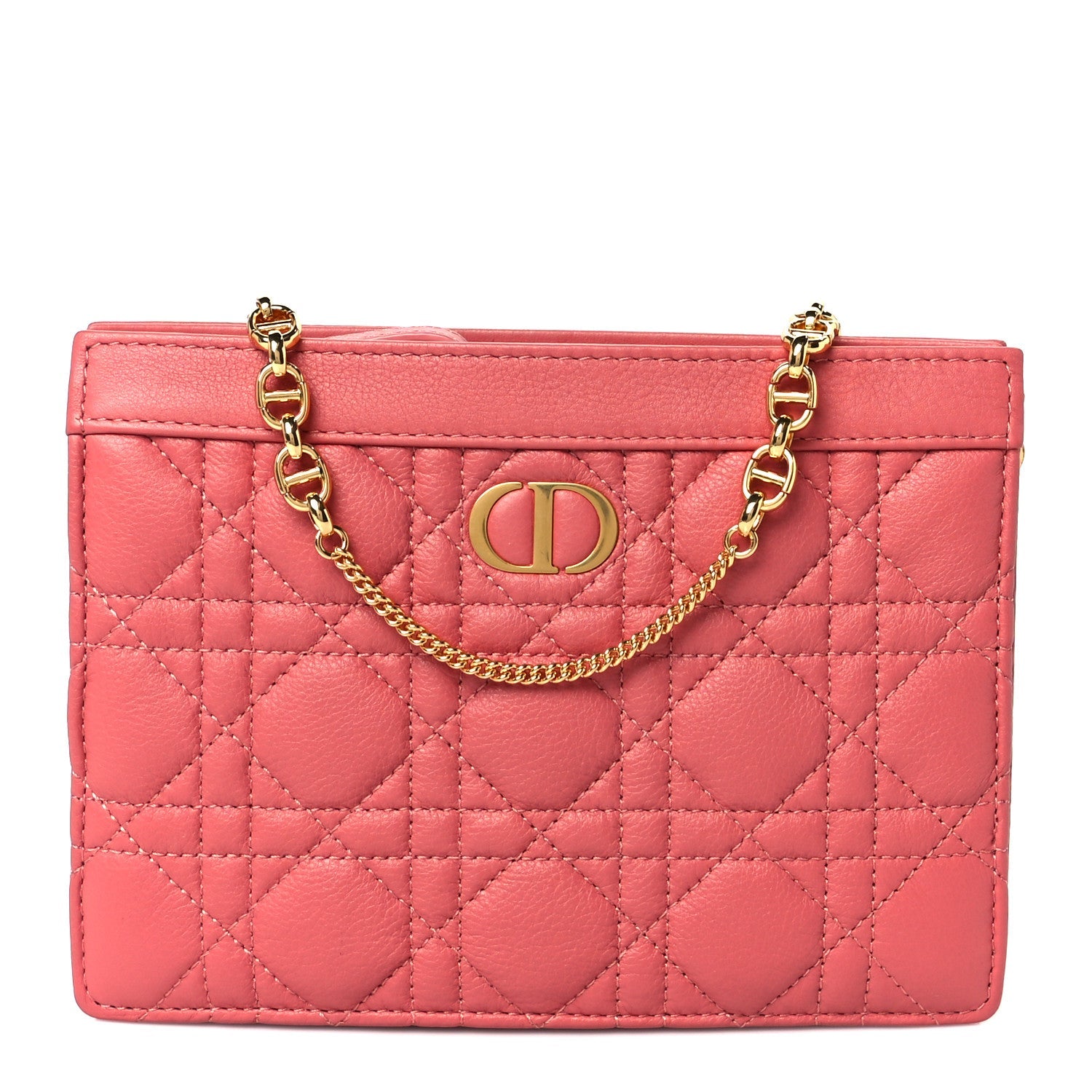 Christian Dior Calfskin Cannage Caro Zipped Pouch With Chain Coral Powder