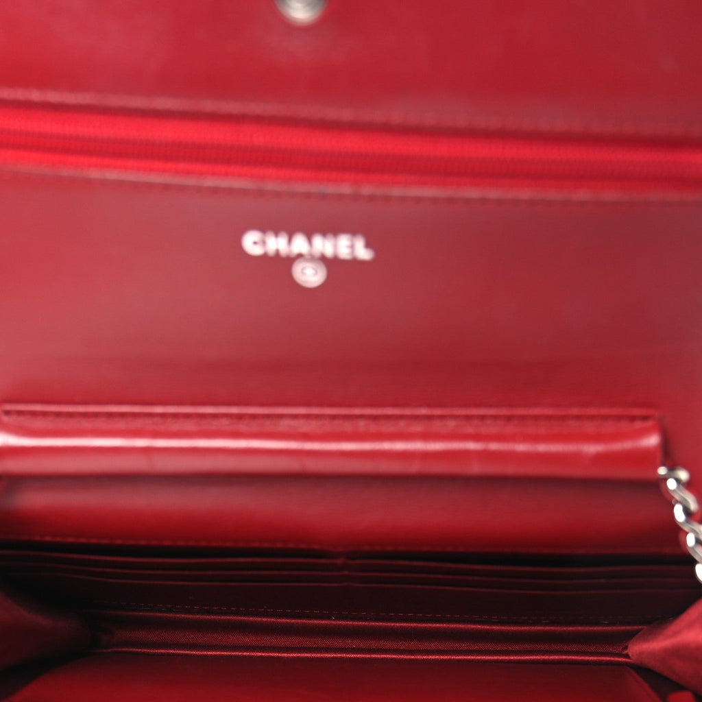 Chanel Lambskin Camellia Embossed Wallet on Chain WOC Red