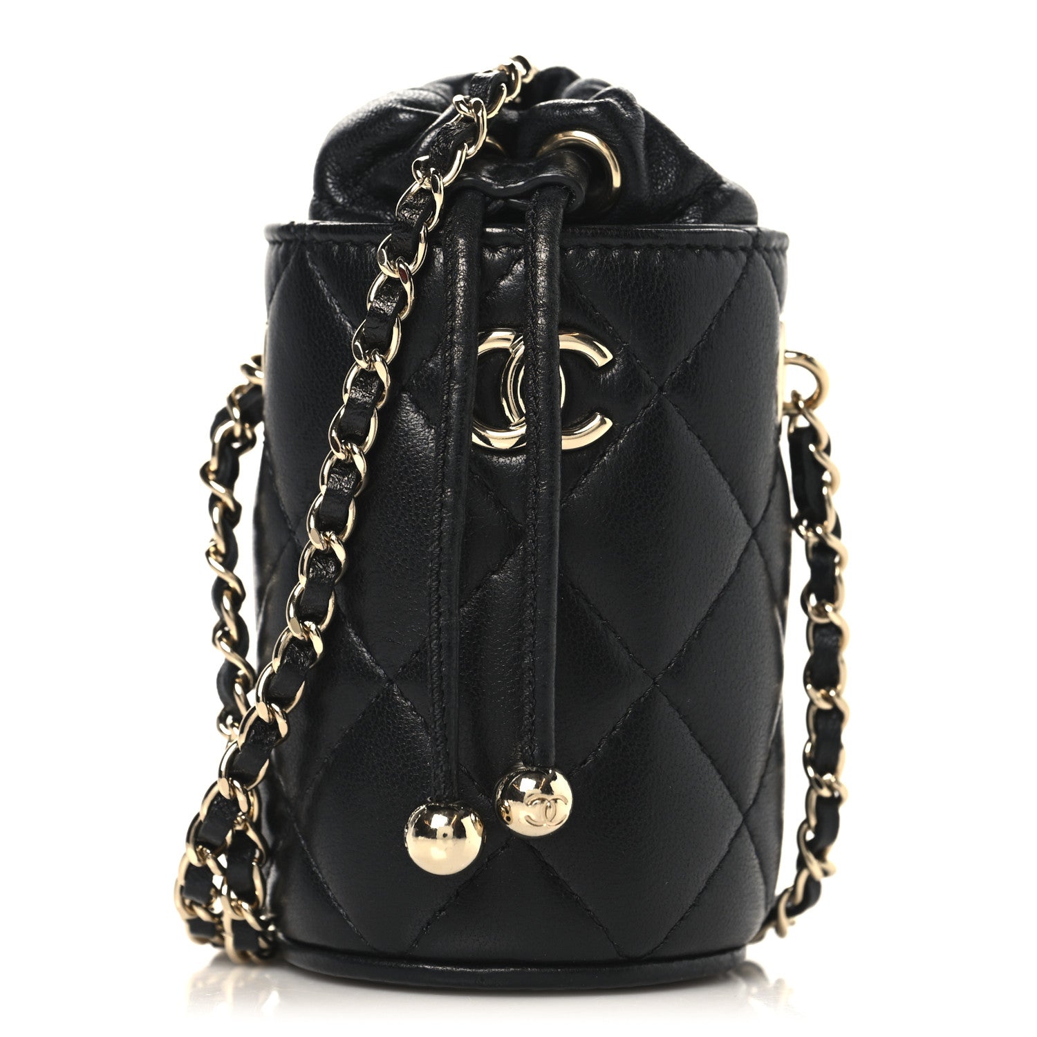 Chanel Lambskin Quilted Mini Bucket Bag With Chain Black