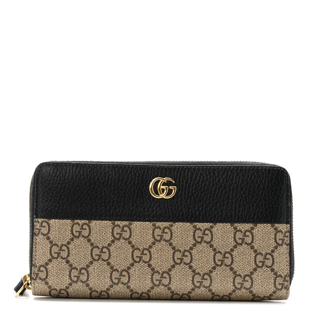 Gucci Dollar Calfskin GG Supreme Monogram GG Marmont Zip Around Wallet Black Beige Ebony