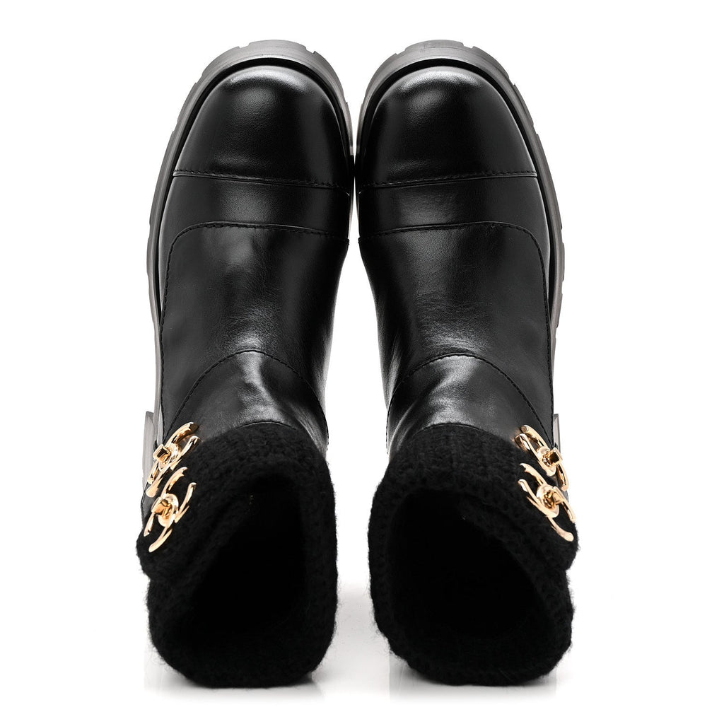 Calfskin Knit CC Short Boots 38 Black
