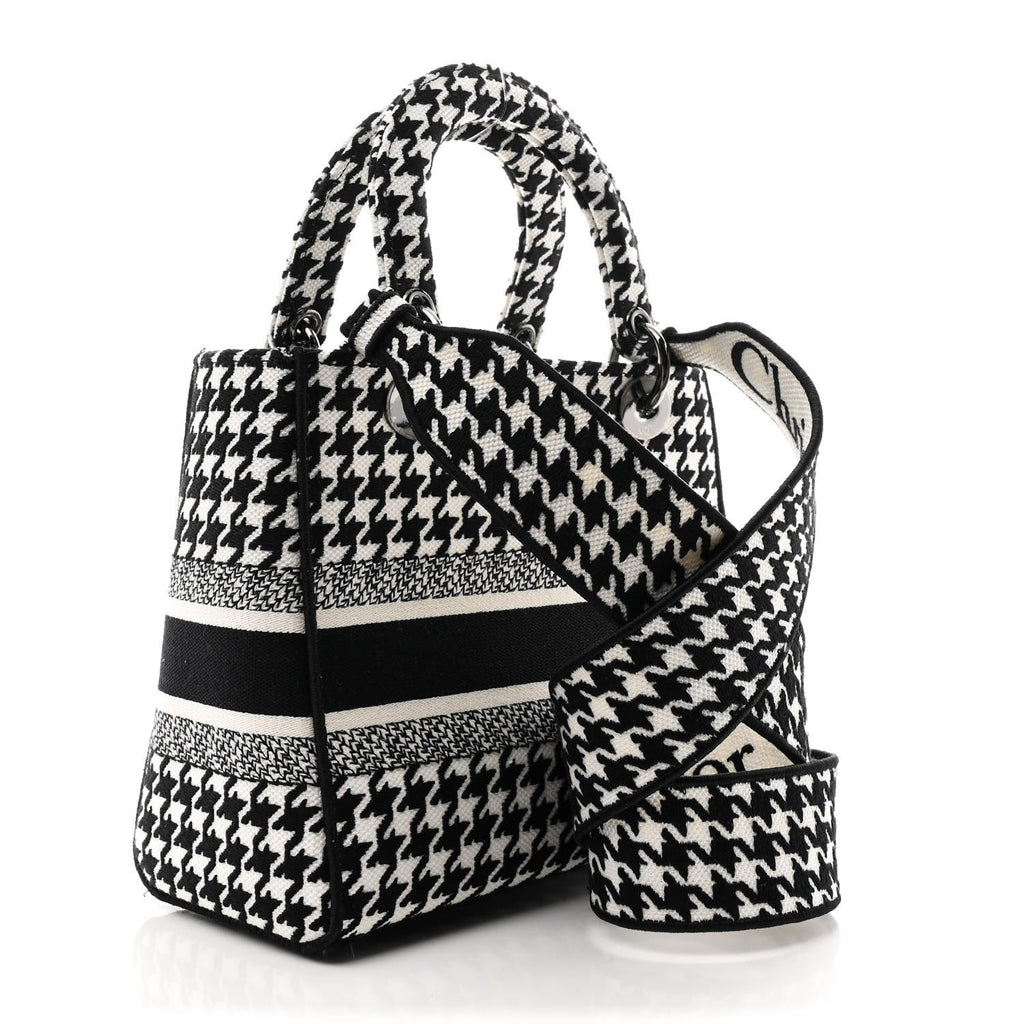 Christian Dior Canvas Houndstooth Embroidered Medium Lady D-Lite Black White