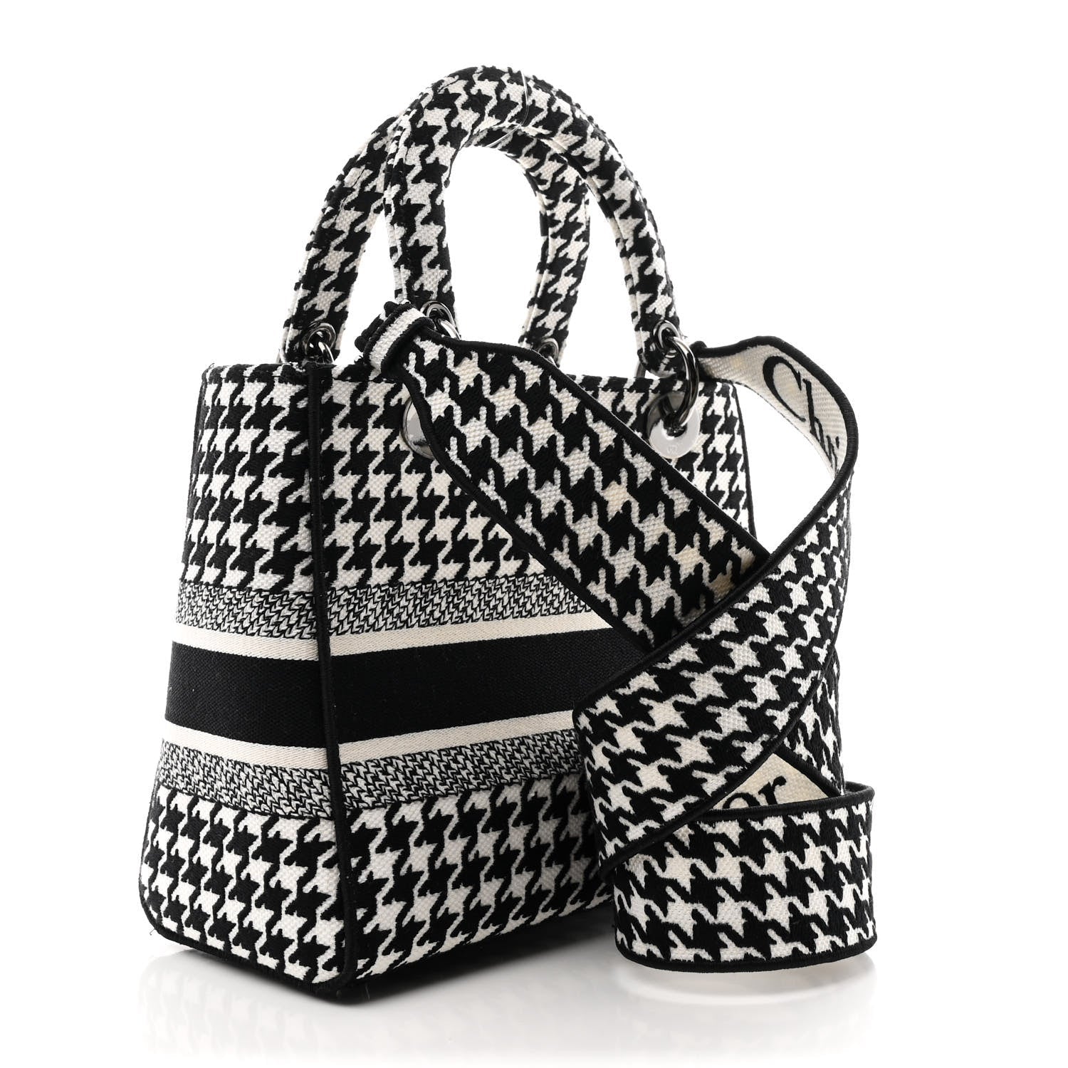 Christian Dior Canvas Houndstooth Embroidered Medium Lady D-Lite Black White