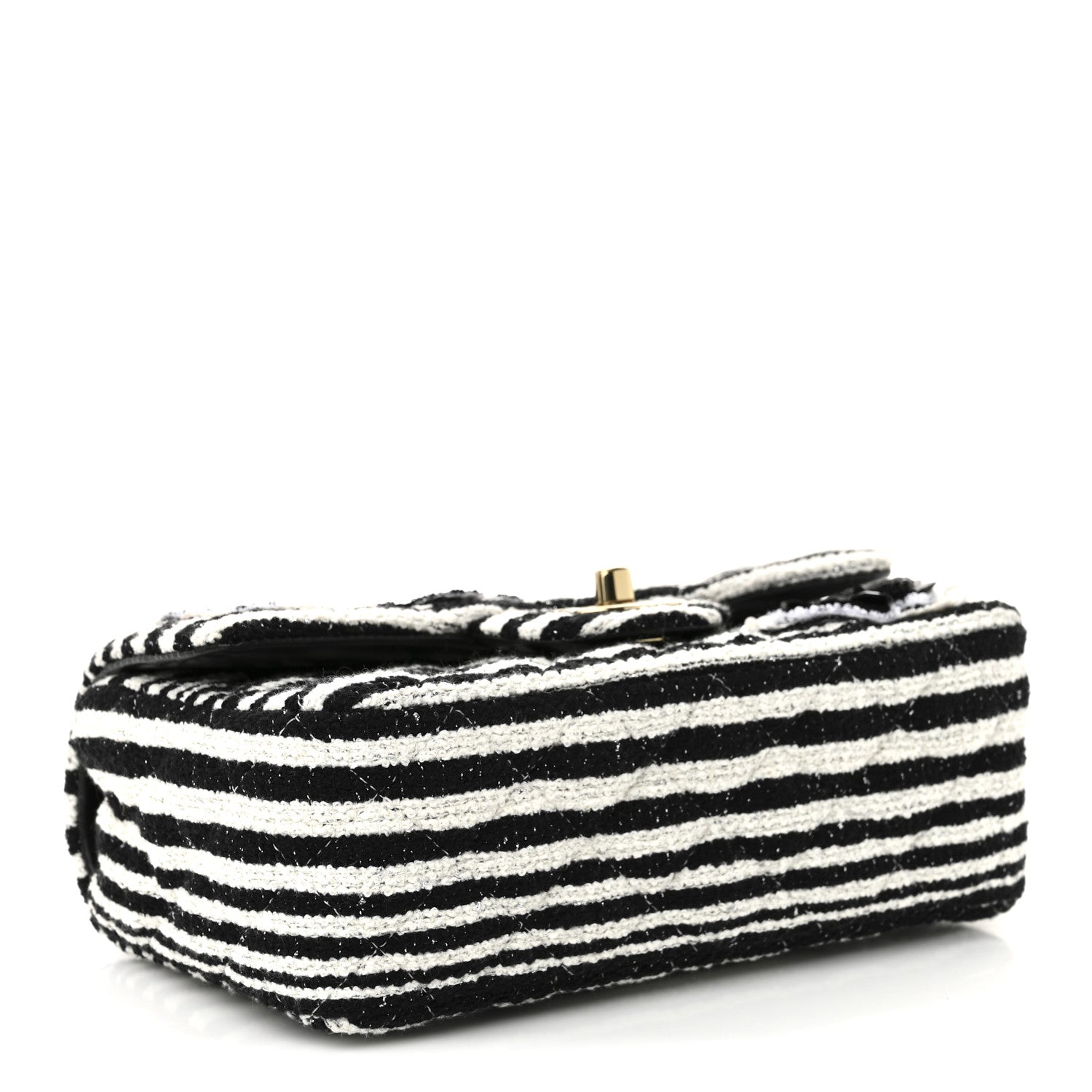 Chanel Striped Tweed Sequin Quilted Camellia Embellished Mini Rectangular Flap Ecru Black