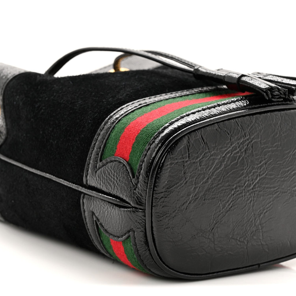 Gucci Suede Patent Web Mini Ophidia Bucket Bag Black