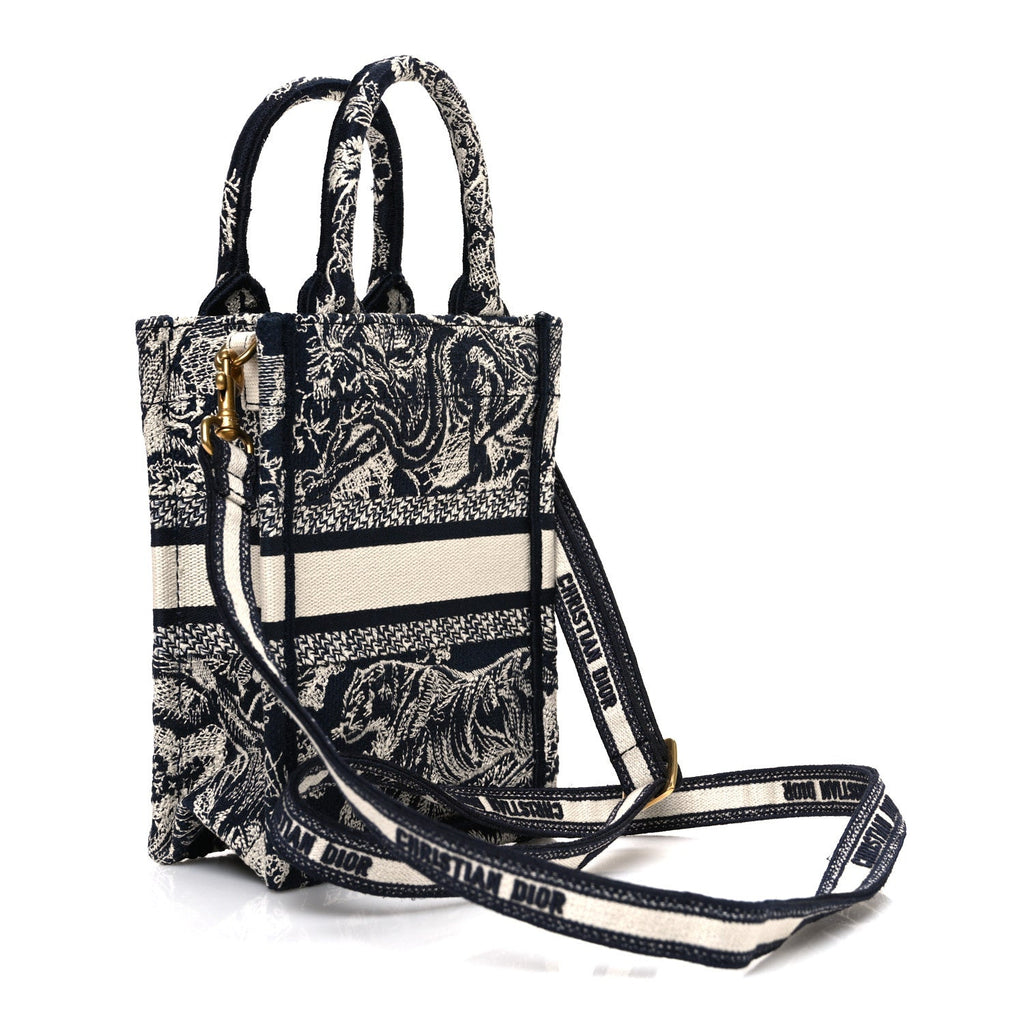 Christian Dior Canvas Toile de Jouy Reverse Embroidered Mini Book Tote Phone Bag Blue