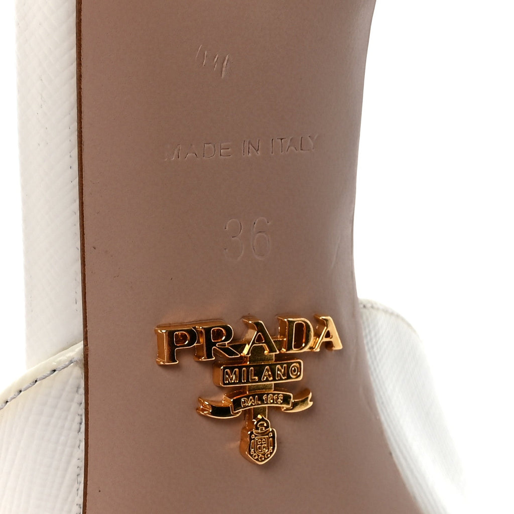 Prada Saffiano Logo Pointed Toe 50mm Mules 36 White