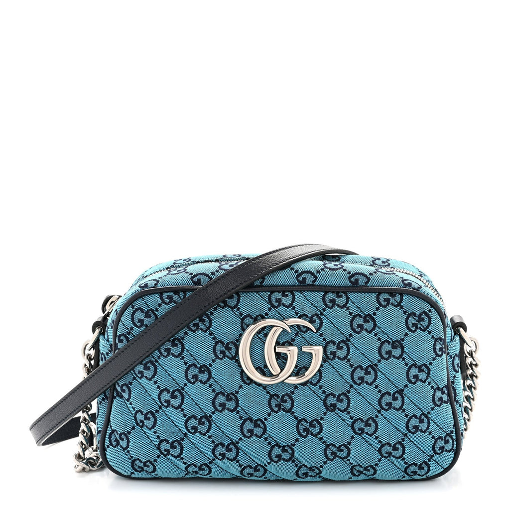 Gucci Monogram Multicolor Matelasse Diagonal Small GG Marmont Chain Shoulder Bag Light Blue