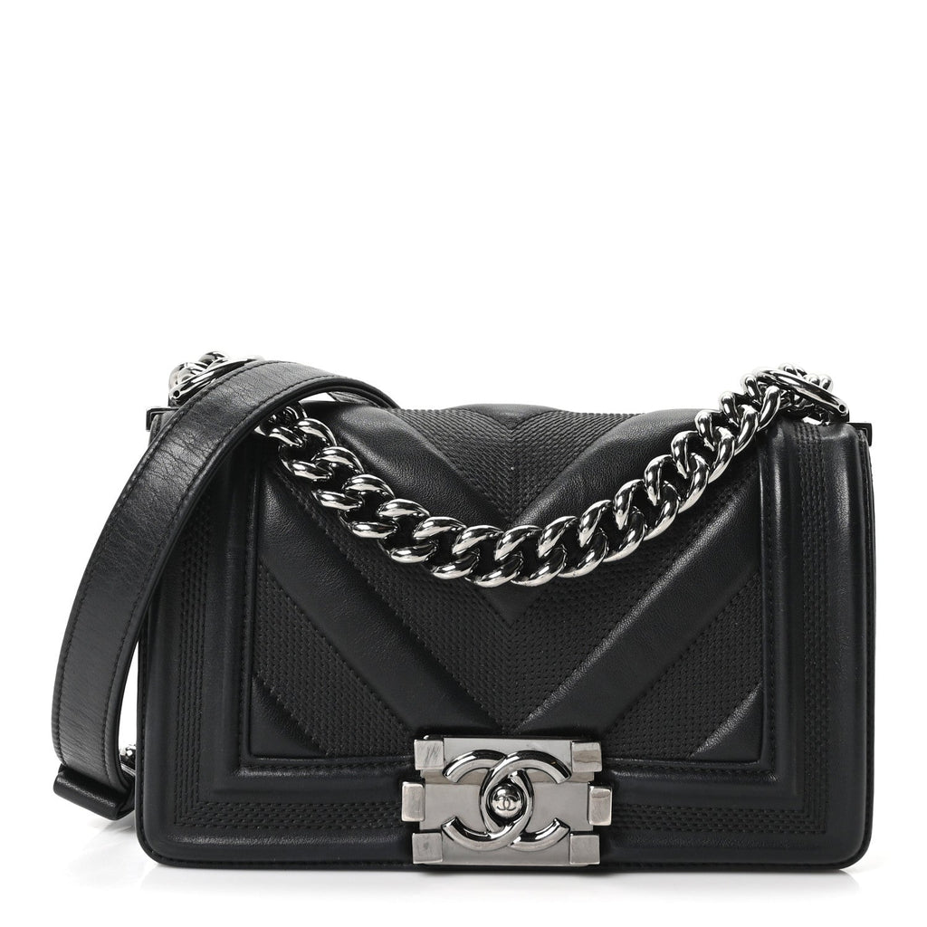 Chanel Calfskin Perforated Chevron Quilted Small Boy Flap Black