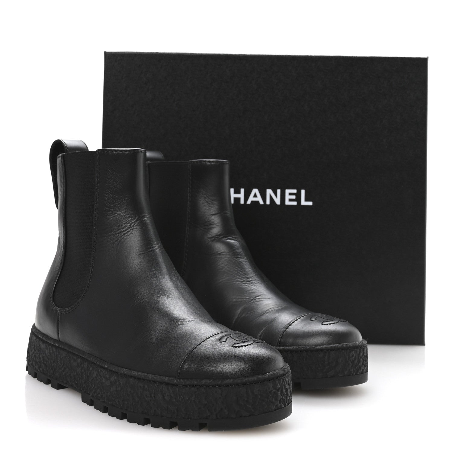 Calfskin Cap Toe CC Ankle Boots 37 Black