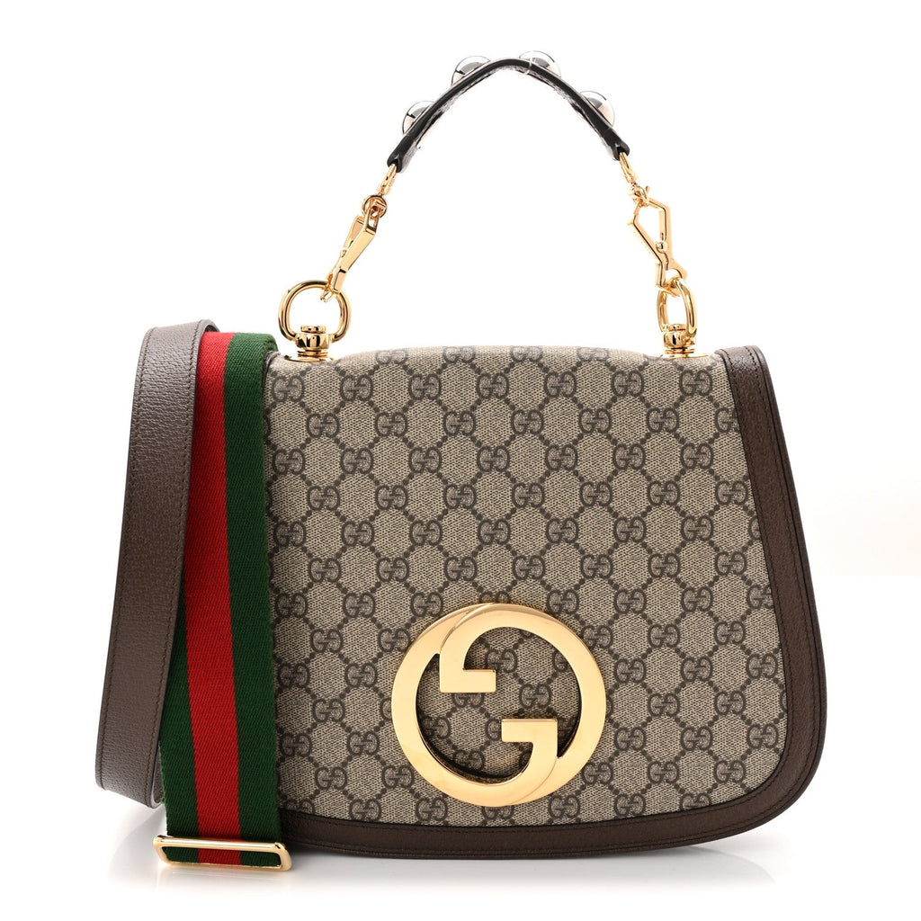 Gucci GG Supreme Monogram Textured Dollar Calfskin Web Medium Blondie Top Handle Shoulder Flap Bag Beige Ebony New Acero