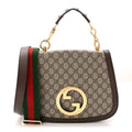Gucci GG Supreme Monogram Textured Dollar Calfskin Web Medium Blondie Top Handle Shoulder Flap Bag Beige Ebony New Acero