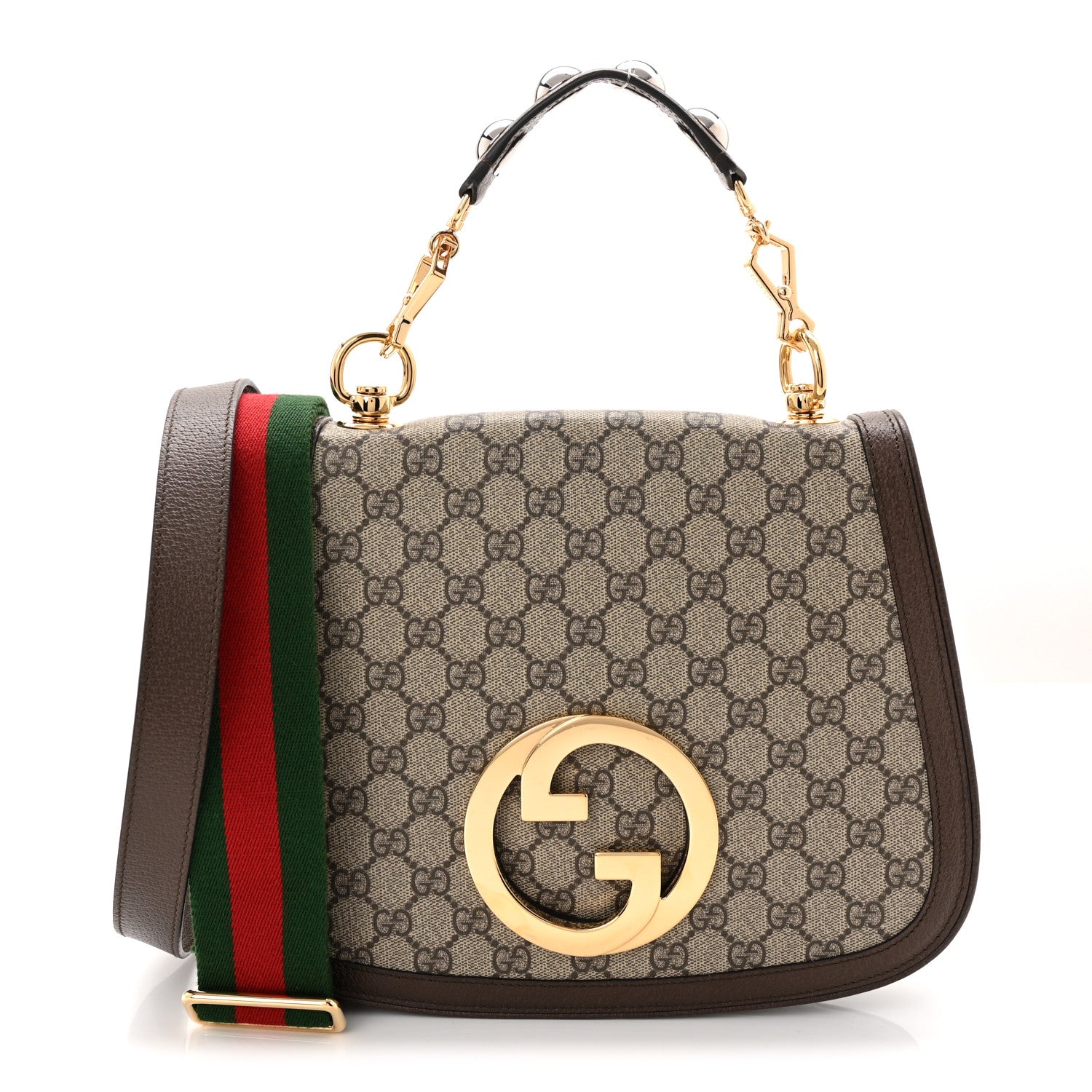 Gucci GG Supreme Monogram Textured Dollar Calfskin Web Medium Blondie Top Handle Shoulder Flap Bag Beige Ebony New Acero