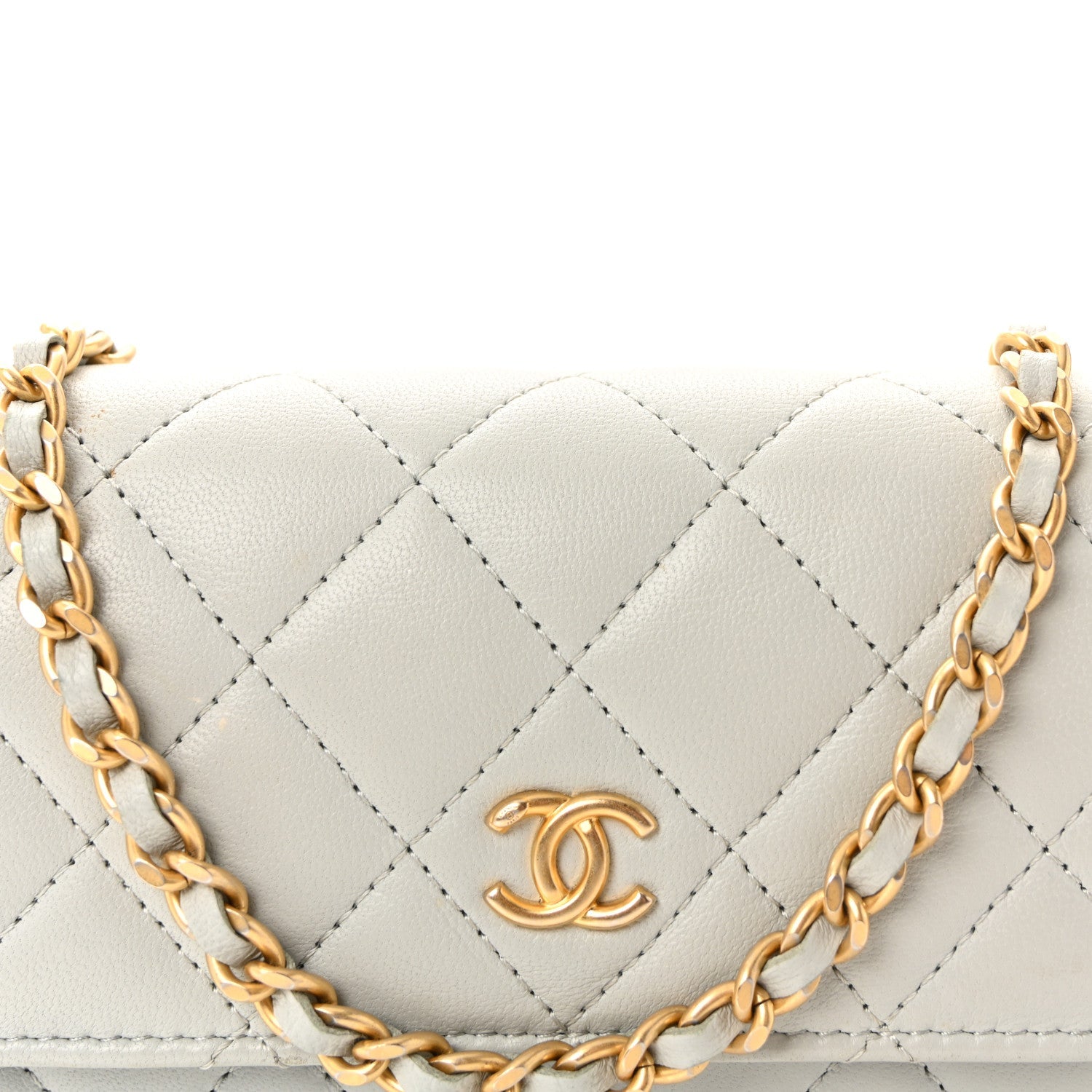 Chanel Lambskin Pearl Crush Quilted Flap Phone Holder With Chain Light Grey