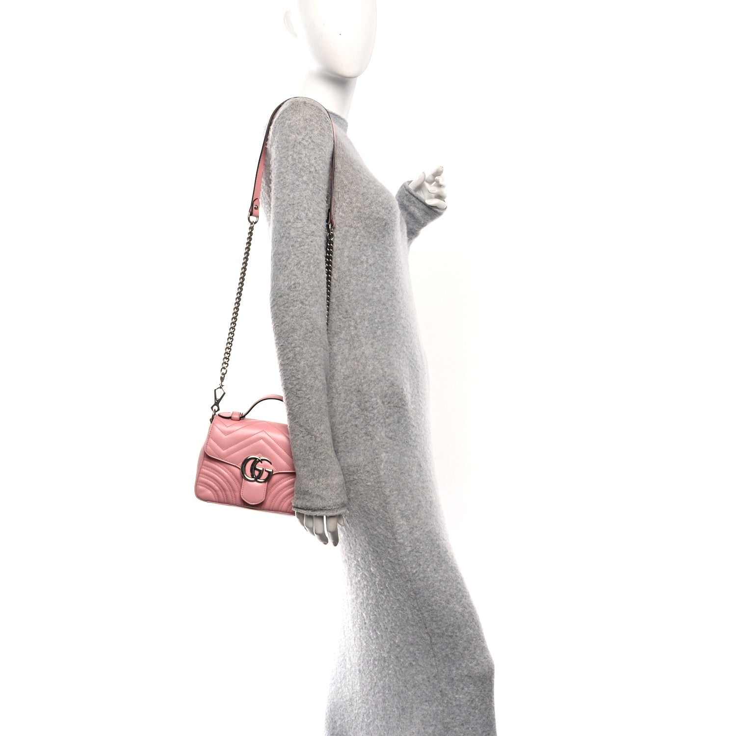 Gucci Calfskin Matelasse Mini GG Marmont Top Handle Shoulder Bag Wild Rose