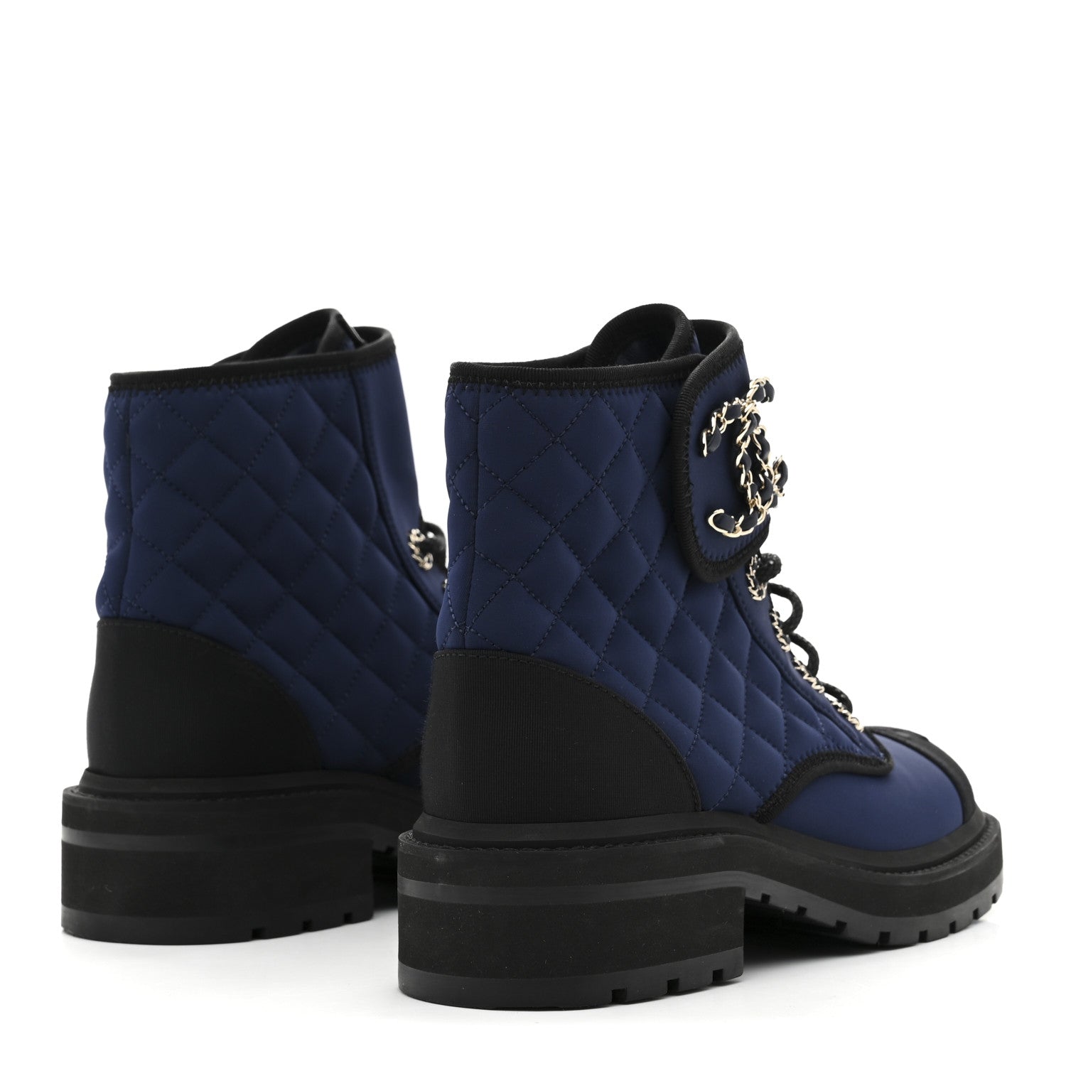 Fabric Grosgrain Quilted Cap Toe Lace Up Combat Boots 36.5 Navy Black