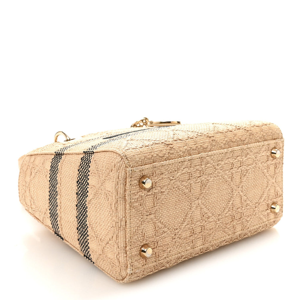 Christian Dior Raffia Woven Cannage Embroidered Medium Lady D-Lite Natural Black