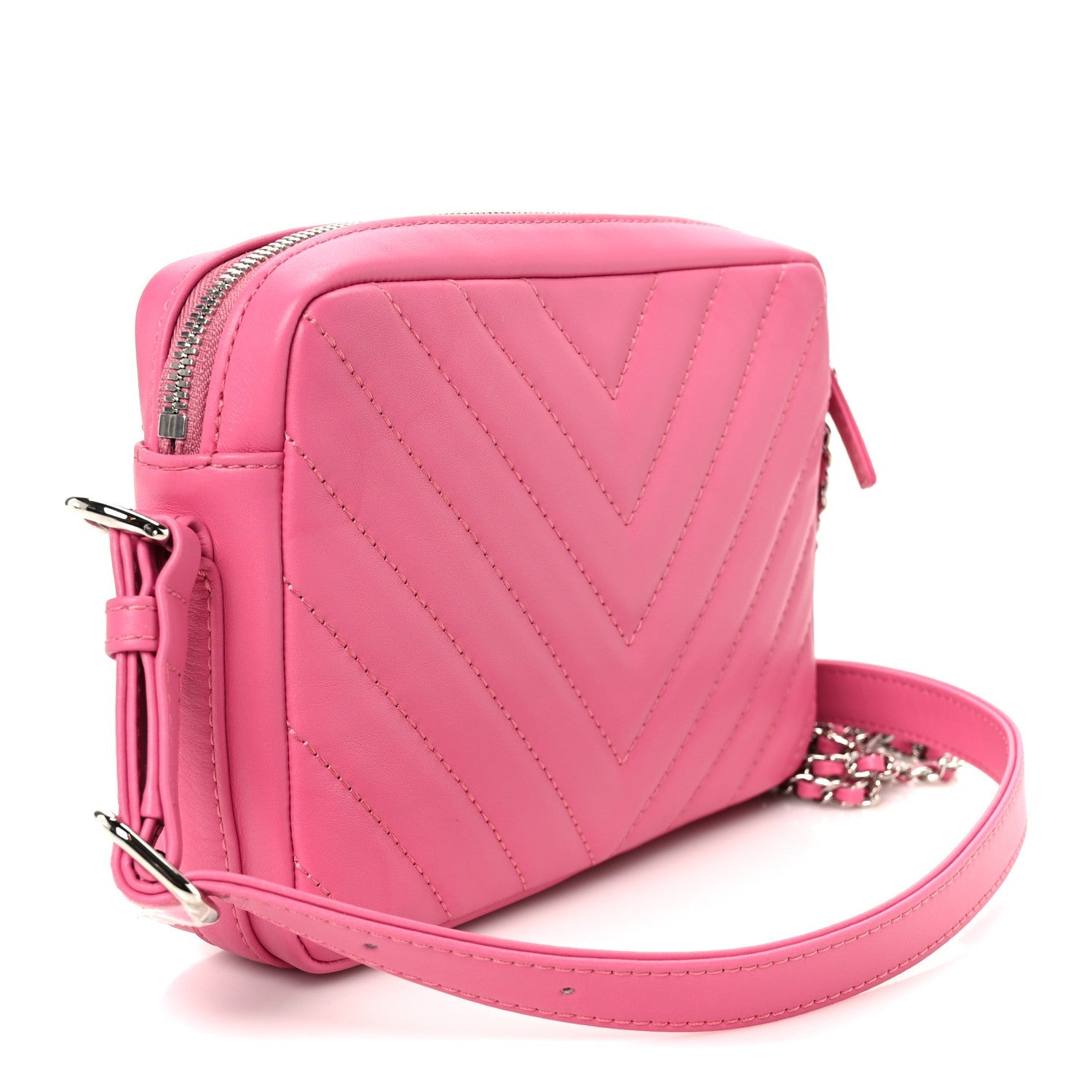 Chanel Lambskin Chevron Quilted Small Promenade Camera Case Pink