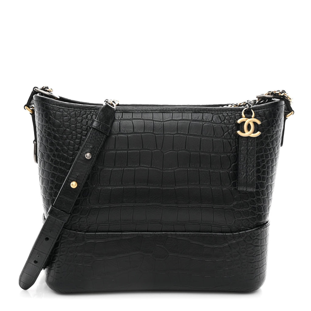 Chanel Crocodile Embossed Calfskin Medium Gabrielle Cocodile Hobo Black