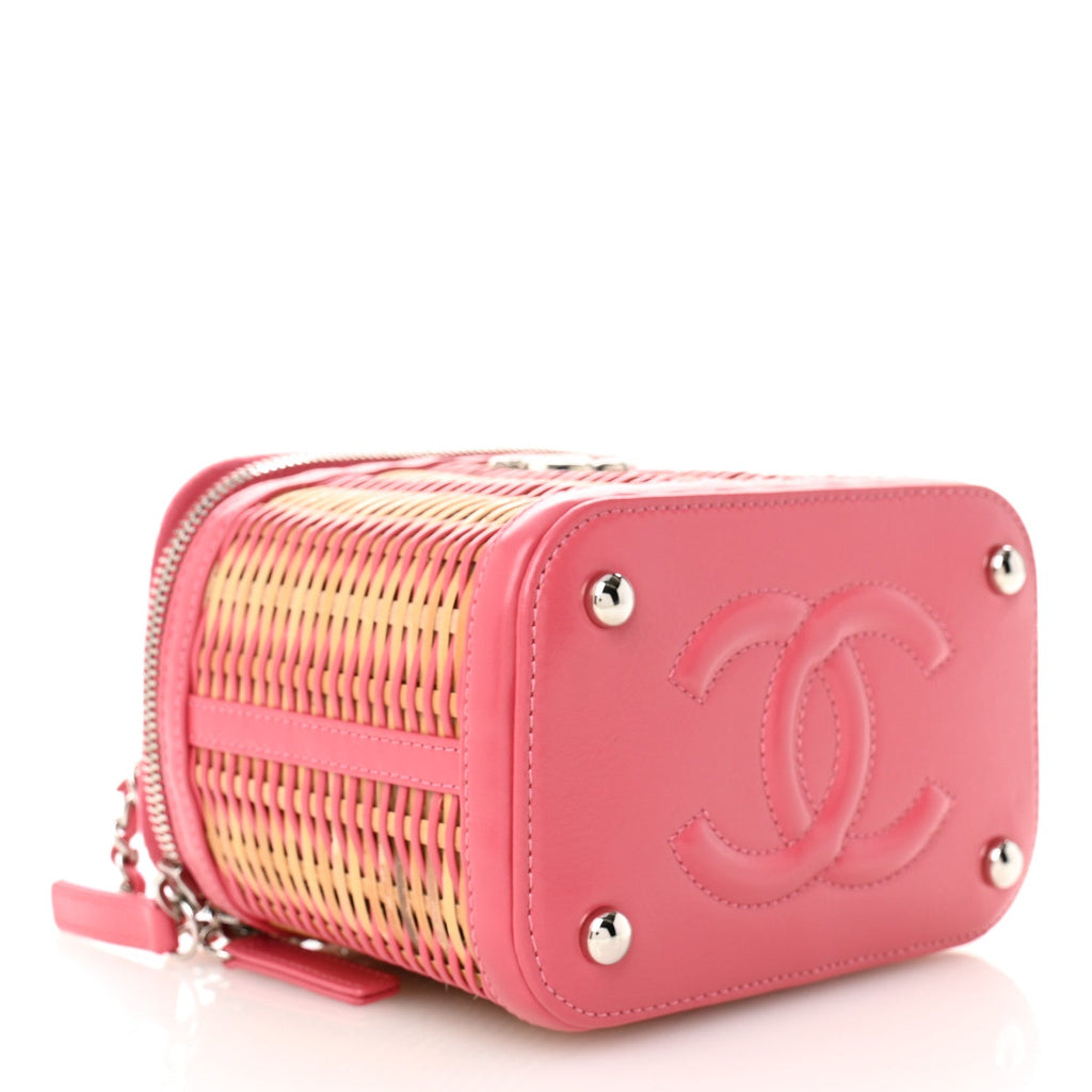 Chanel Calfskin Raffia Small Take Away Vanity Case Bag Pink Beige