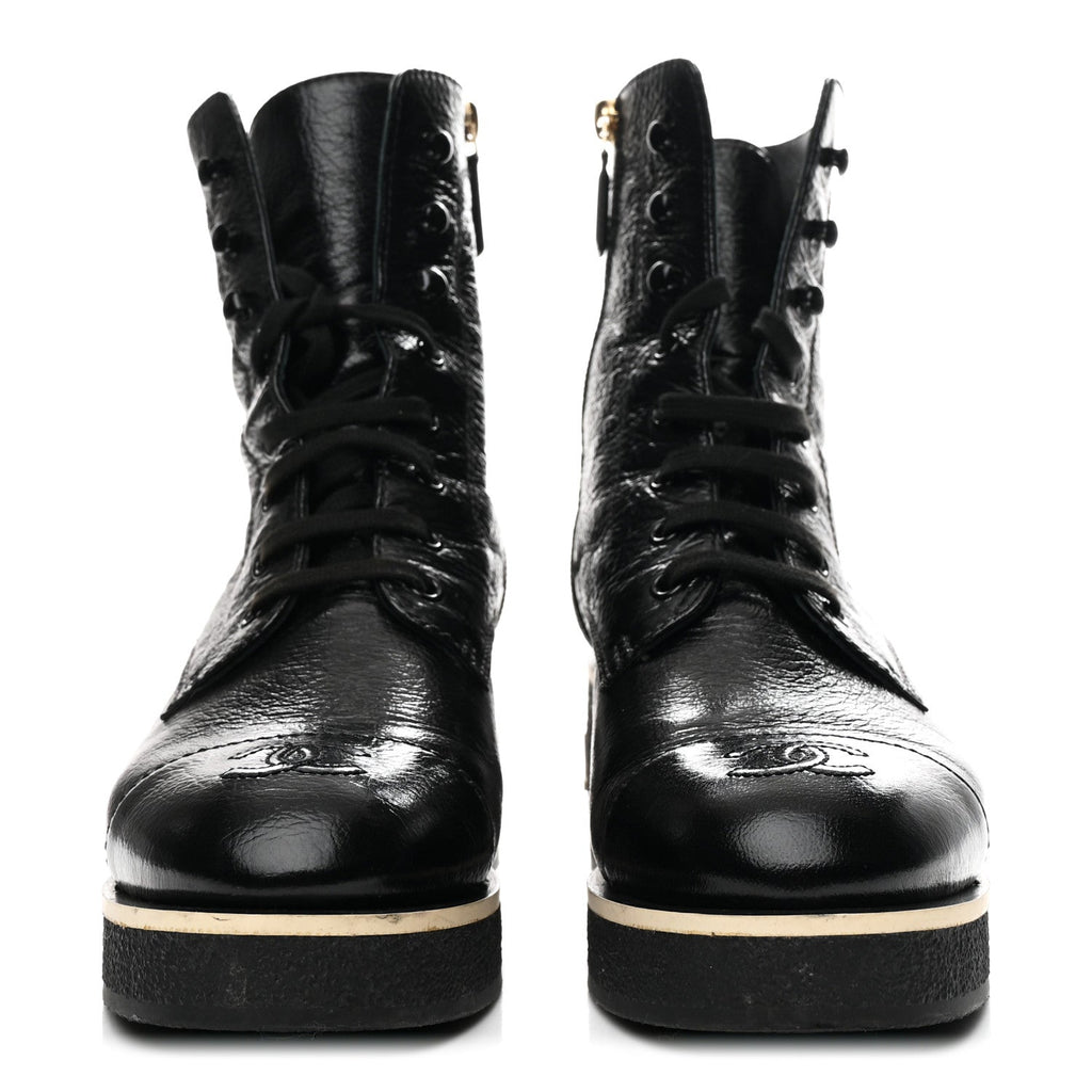 Chanel Shiny Crumpled Lambskin Lace Up Combat Boots 39 Black