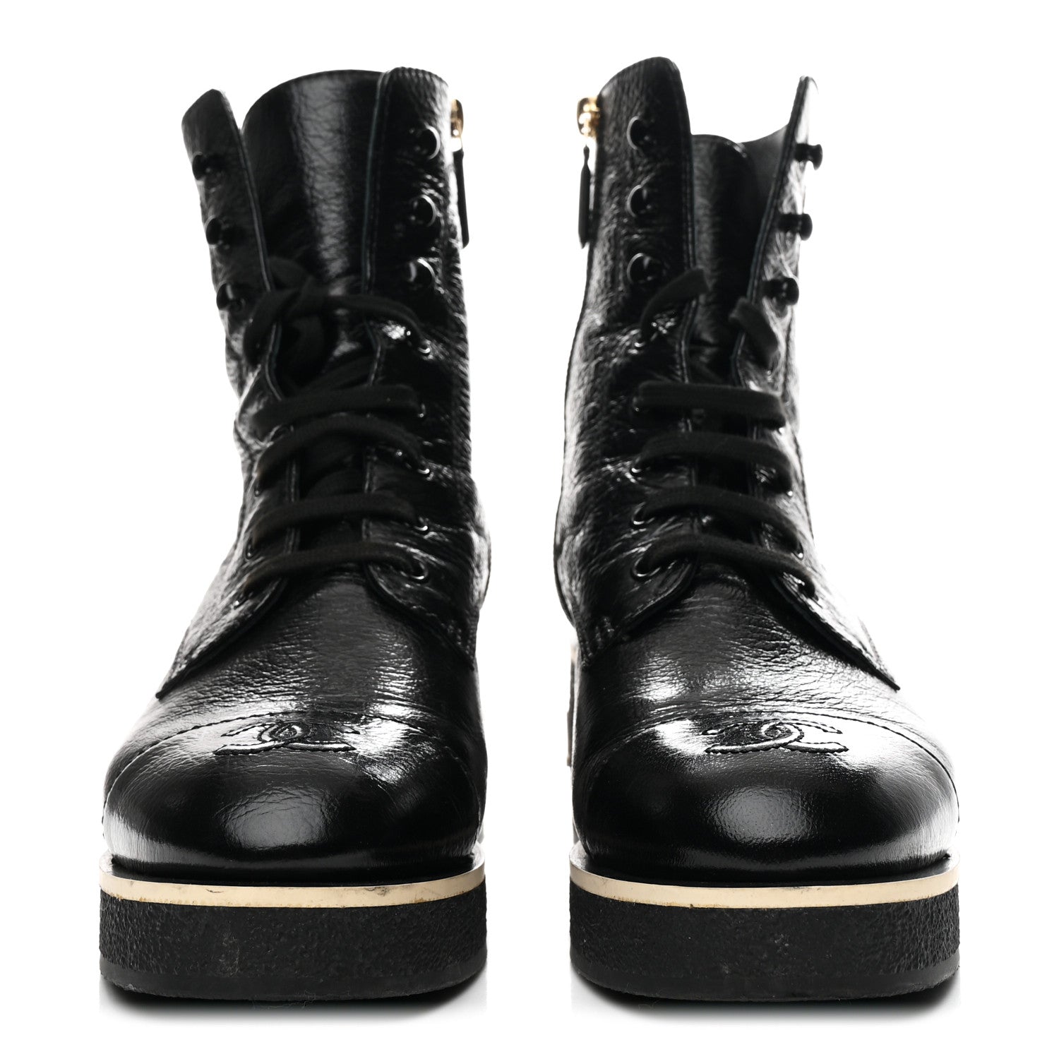 Chanel Shiny Crumpled Lambskin Lace Up Combat Boots 39 Black