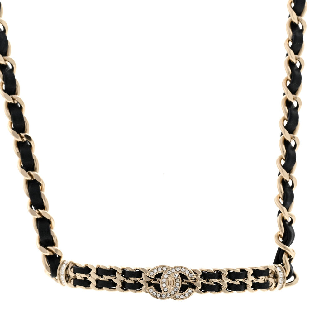Metal Lambskin Crystal CC Choker Necklace Black Gold