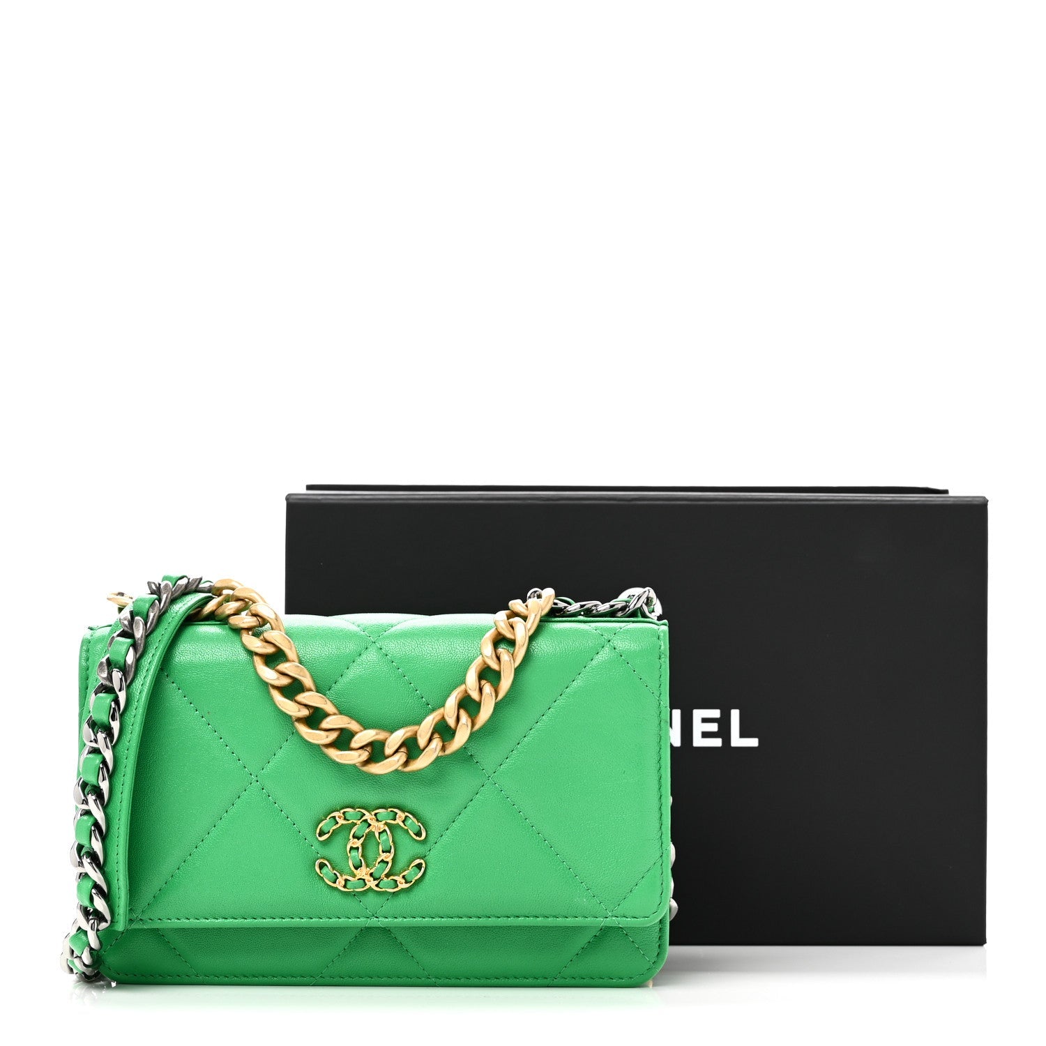 Chanel Shiny Goatskin Quilted Chanel 19 Wallet On Chain WOC Green