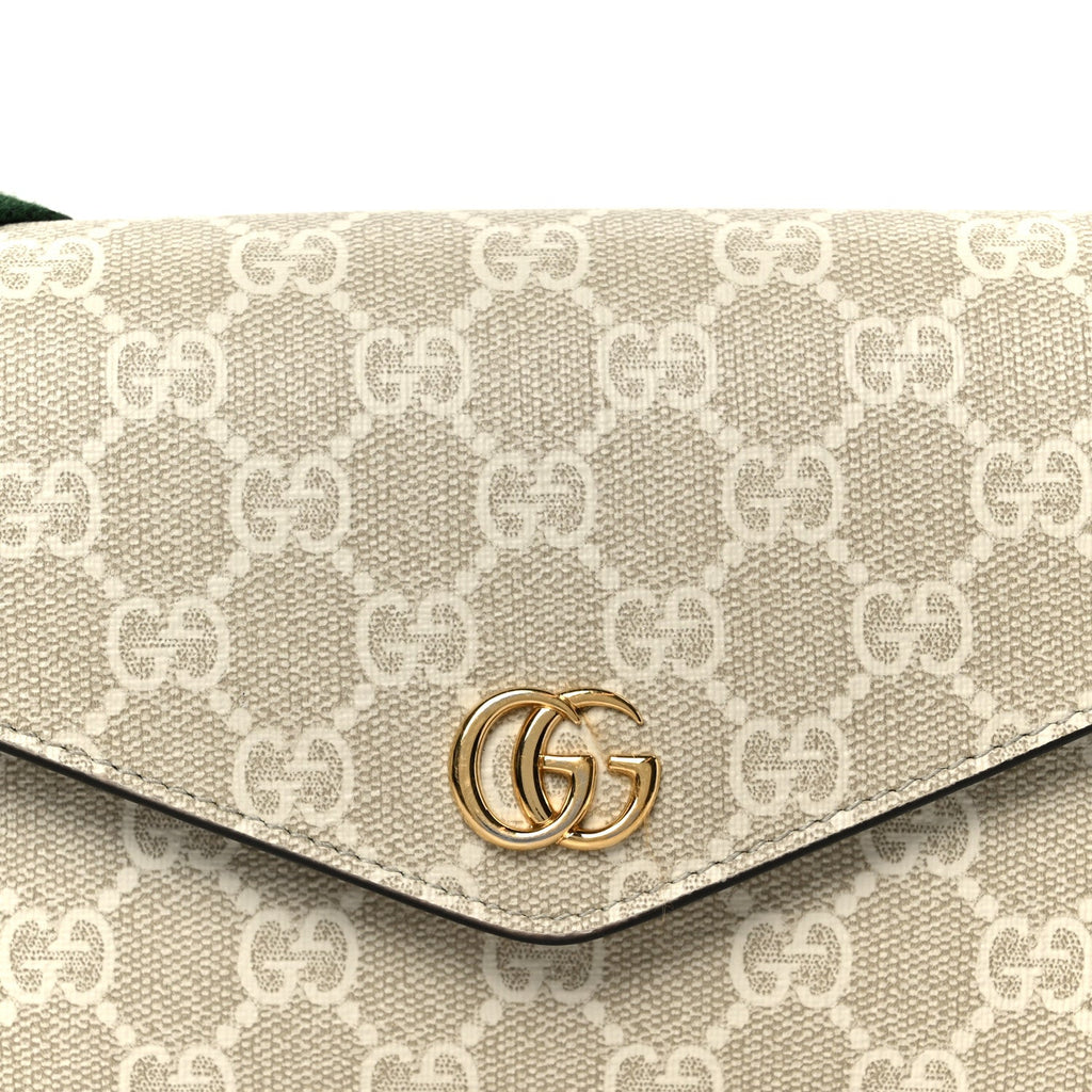 Gucci GG Supreme Monogram Textured Dollar Calfskin Web Mini Ophidia Envelope Shoulder Bag Beige Mystic White Oatmeal