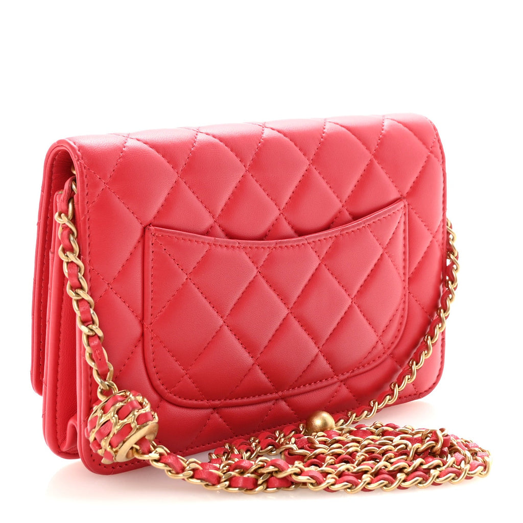 Chanel Lambskin Quilted CC Pearl Crush Wallet on Chain WOC Red