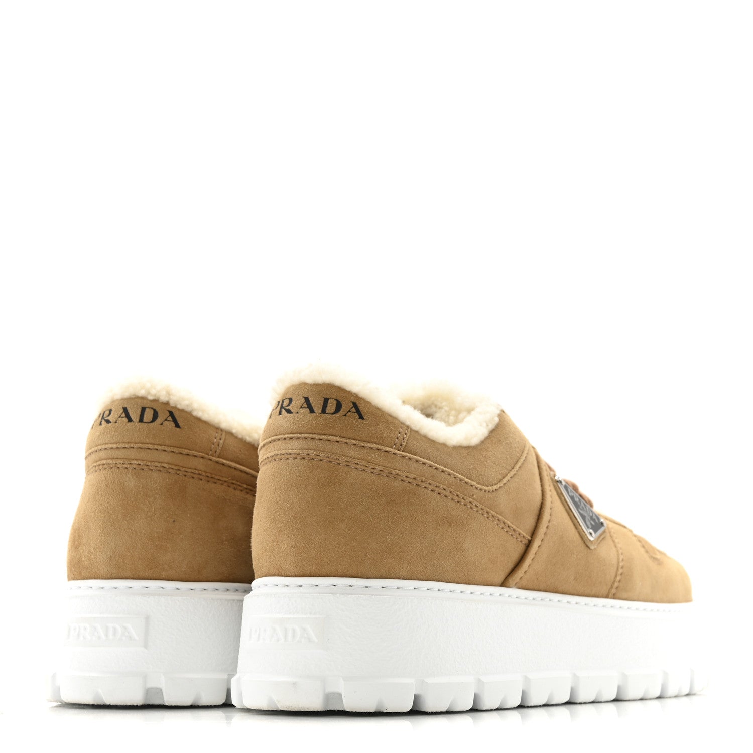 Prada Suede Shearling Triangle Logo Downtown Sneakers 40 Ecru