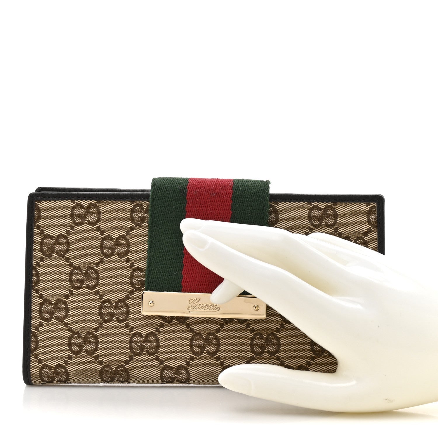 Gucci Monogram Calfskin Ladies Web Continental Wallet Beige Ebony Cocoa