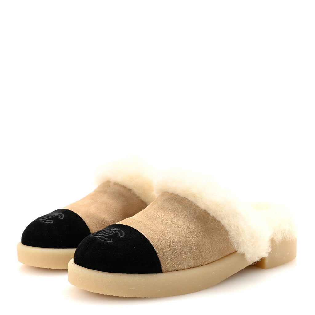 Chanel Suede Shearling CC Cap Toe Mules 36 Beige Black