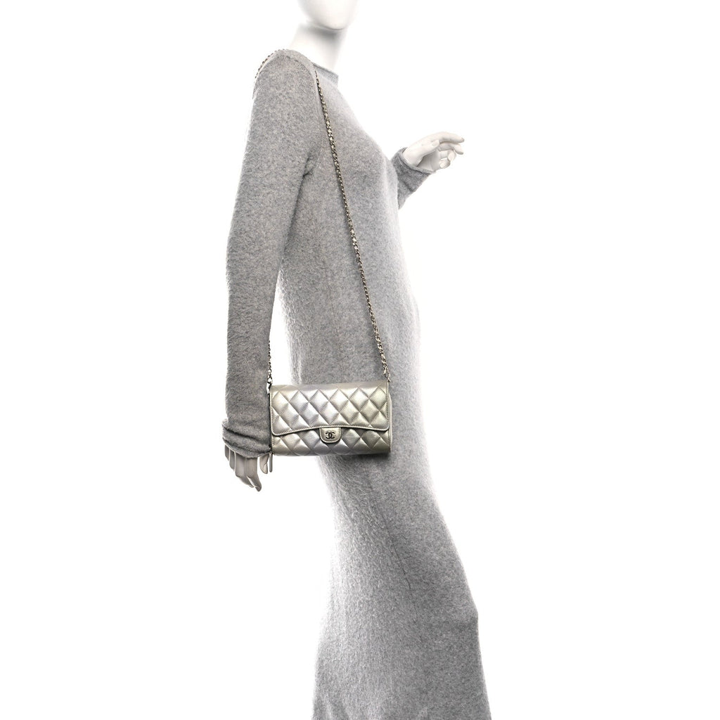 Chanel Metallic Goatskin Quilted Ombre Phone Holder Wallet on Removable Chain Grey Green