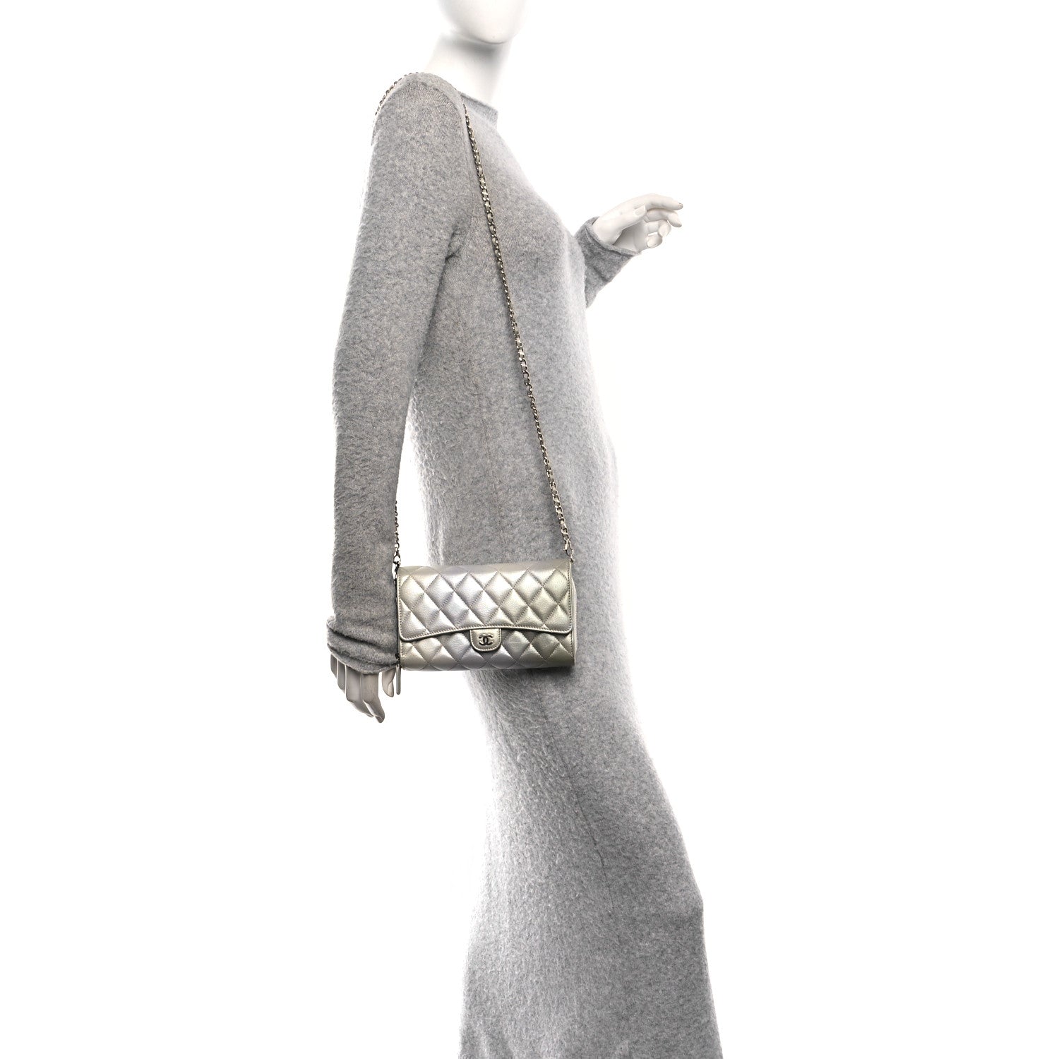 Chanel Metallic Goatskin Quilted Ombre Phone Holder Wallet on Removable Chain Grey Green