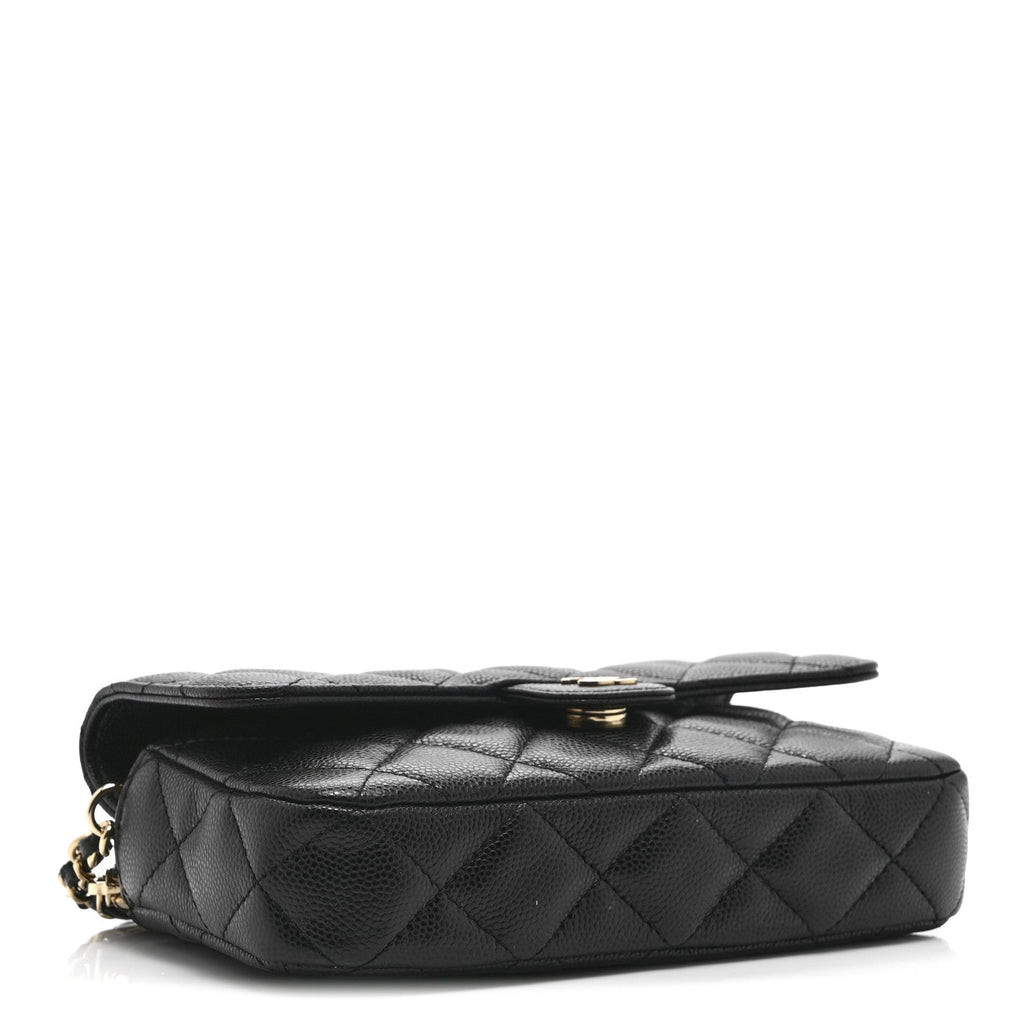 Caviar Quilted Flap Phone Holder With Chain Black
