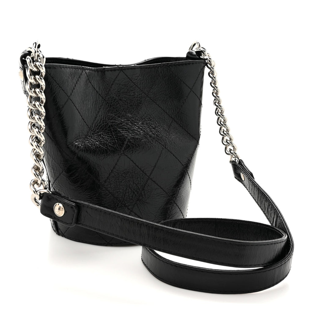 Chanel Crumpled Calfskin Quilted Chain Drawstring Bucket Bag Black