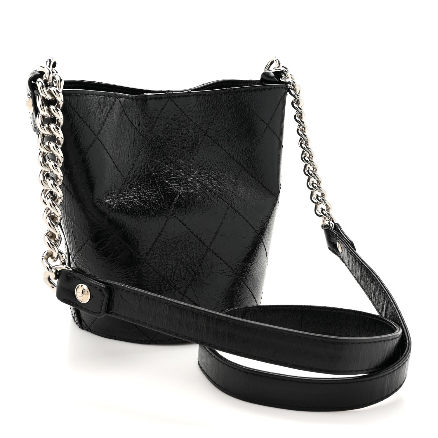 Chanel Crumpled Calfskin Quilted Chain Drawstring Bucket Bag Black