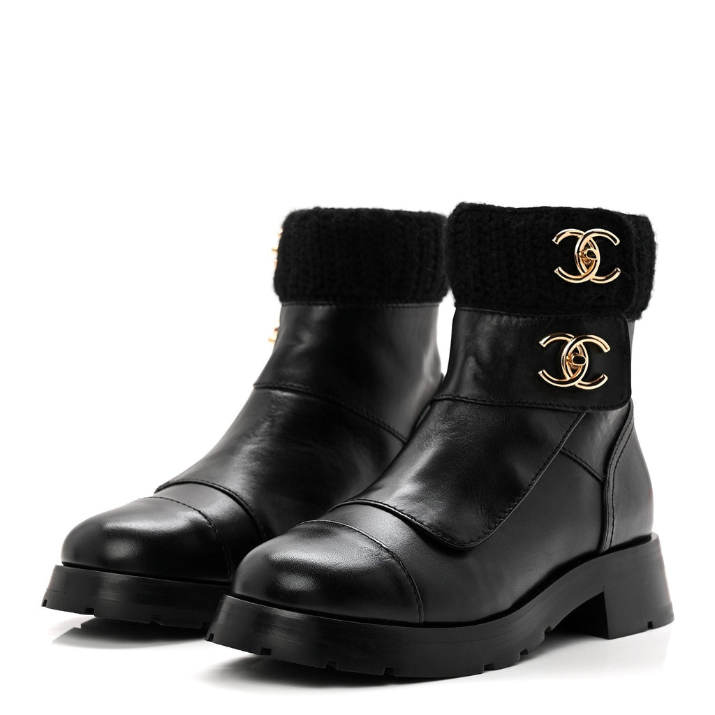 Calfskin Knit CC Short Boots 38 Black