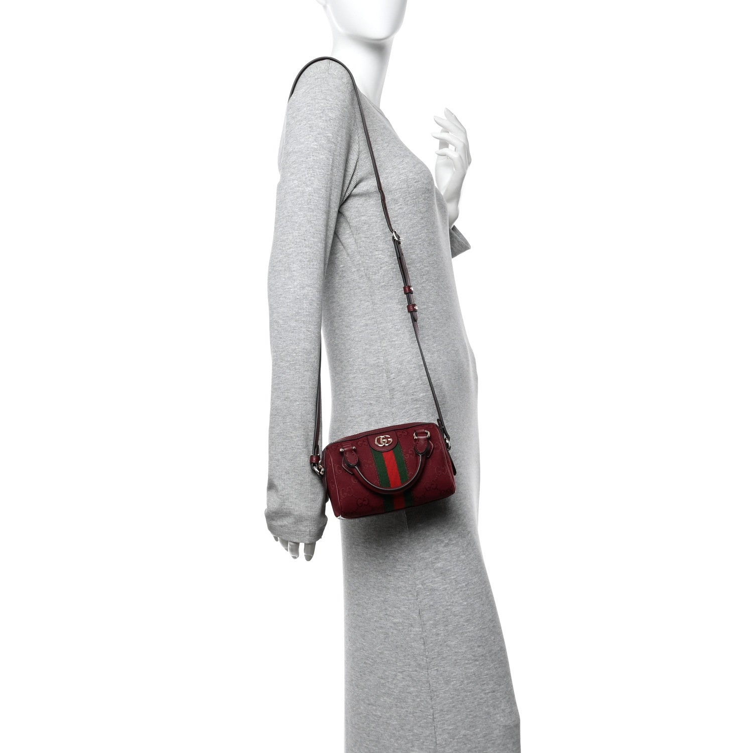 Gucci GG Supreme Monogram Textured Dollar Calfskin Web Super Mini Ophidia Top Handle Bowler Bag Rosso Ancora