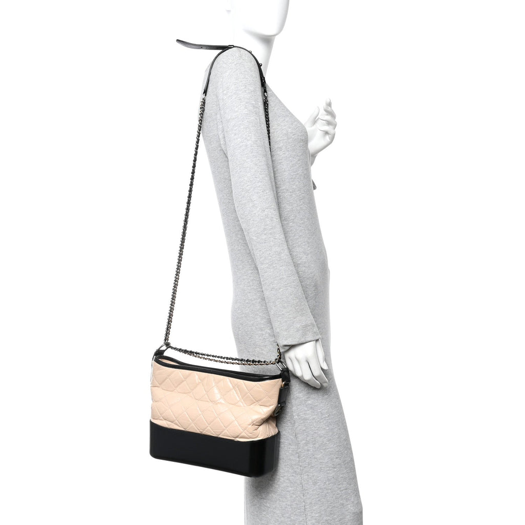Chanel Aged Calfskin Quilted Medium Gabrielle Hobo Beige Black