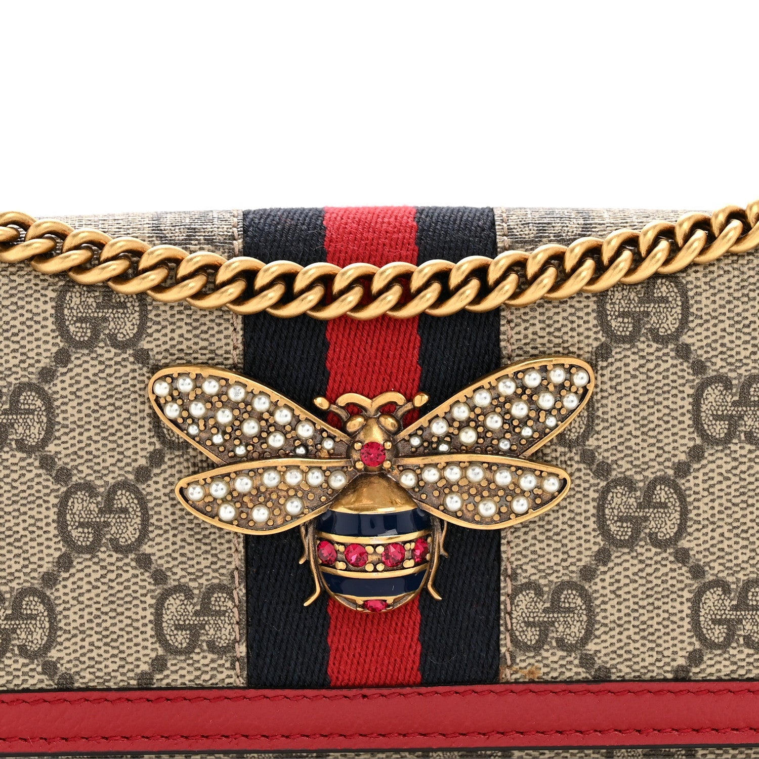 Gucci GG Supreme Monogram Web Queen Margaret Chain Wallet Red