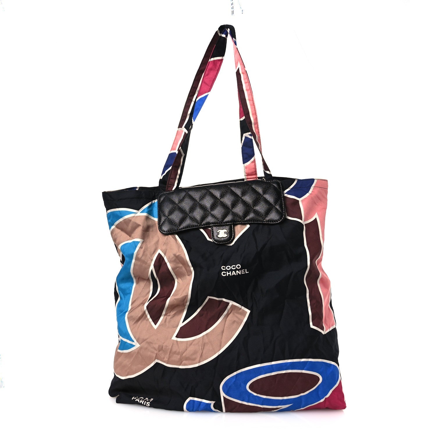 Chanel Caviar Fabric Foldable Tote Bag With Chain Black Multicolor