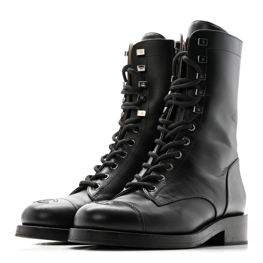 Calfskin Cap Toe Lace Up Combat Boots 38 Black