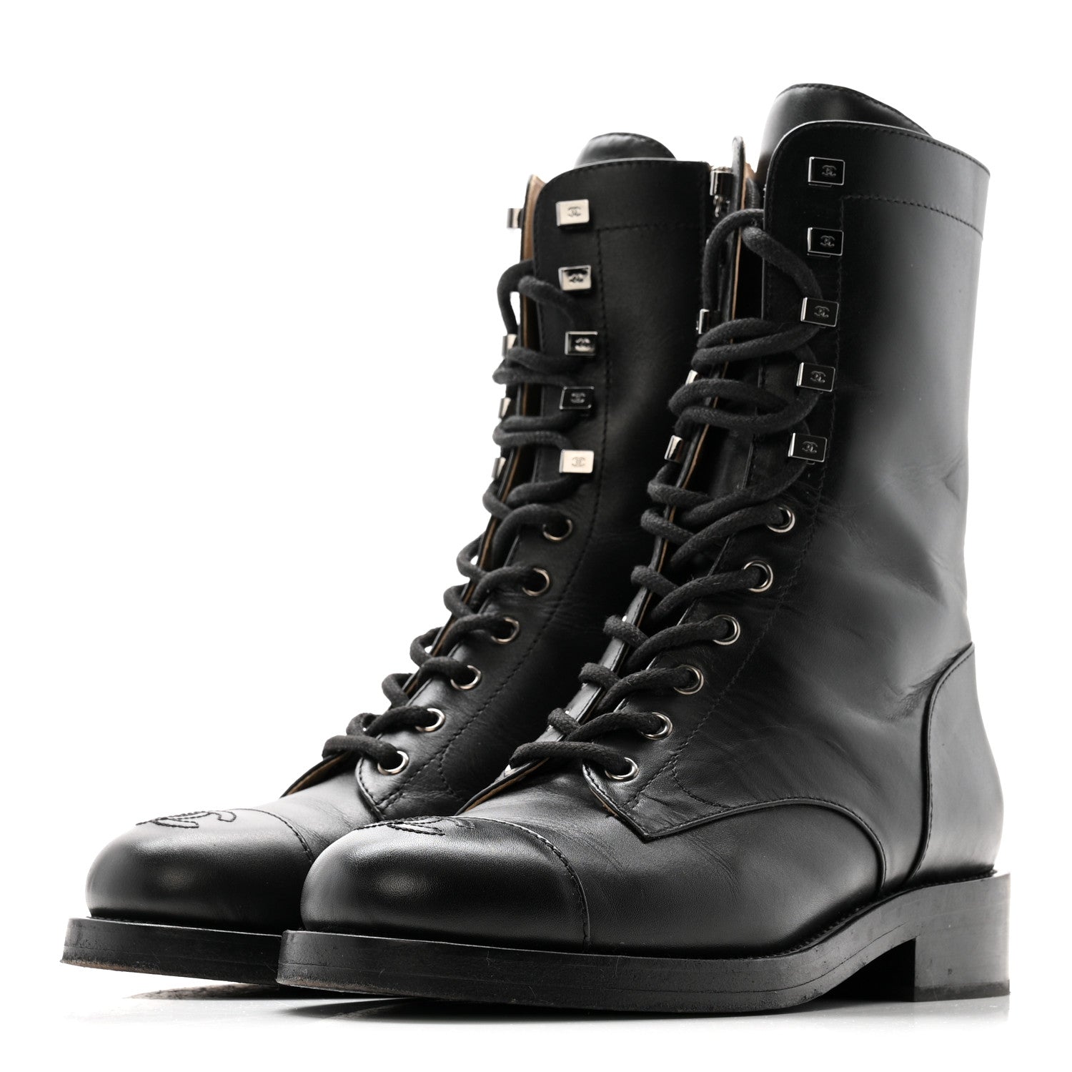 Calfskin Cap Toe Lace Up Combat Boots 38 Black