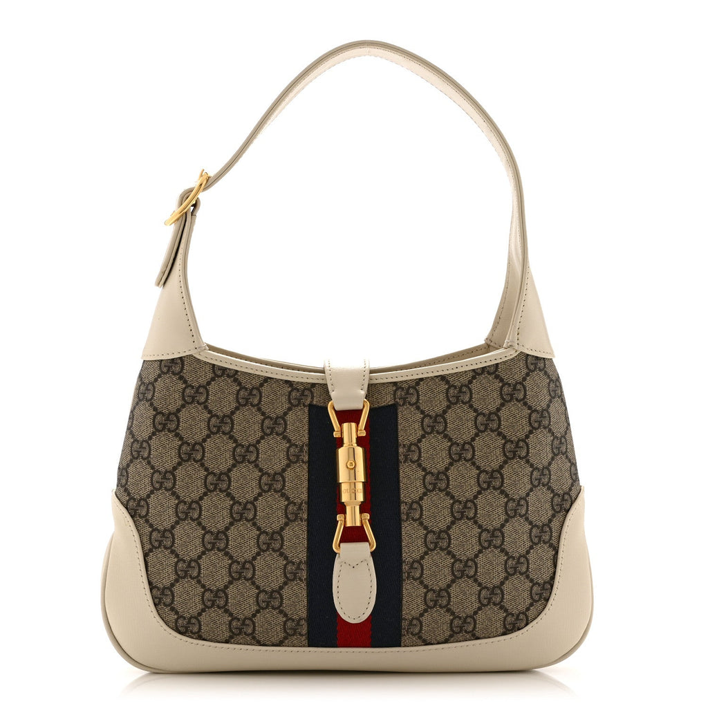 Gucci GG Supreme Monogram Azalea Calfskin Web Small Jackie 1961 Hobo Beige Ebony Mystic White