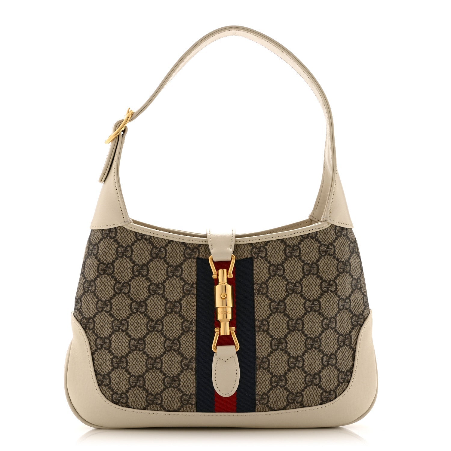 Gucci GG Supreme Monogram Azalea Calfskin Web Small Jackie 1961 Hobo Beige Ebony Mystic White