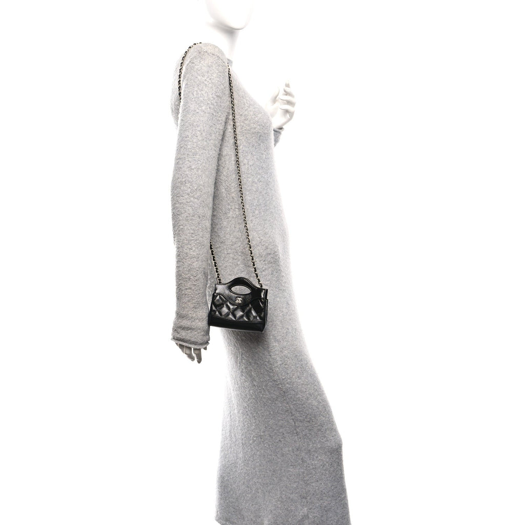 Chanel Shiny Lambskin Quilted Micro 31 Clutch With Chain Black