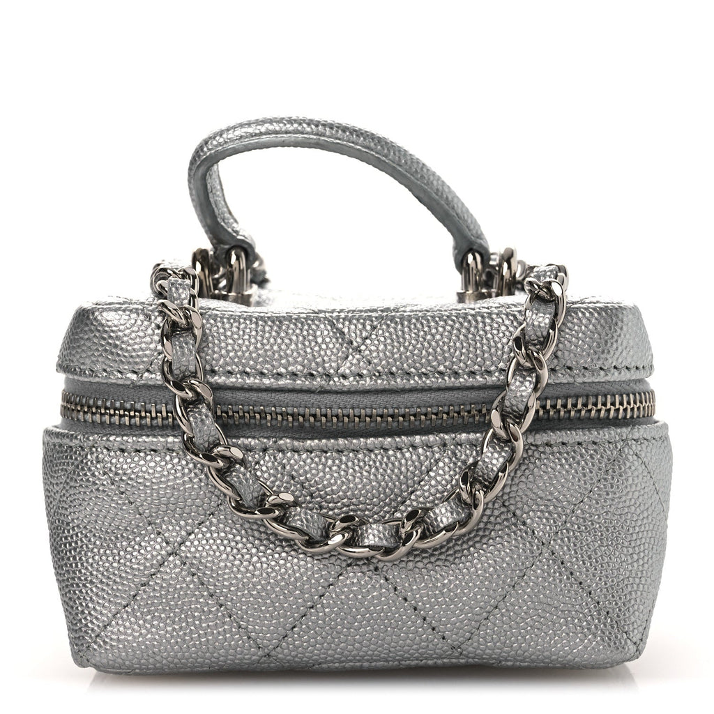 Chanel Metallic Caviar Quilted Mini Top Handle Vanity With Chain Silver
